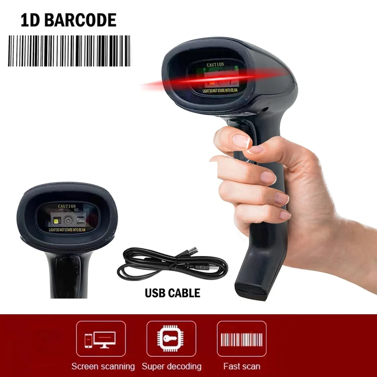 Laser Barcode Scanner , Handheld  USB Wired Barcode Reader Optical Laser High Speed 200 scans per second for POS System Supermarket Optical Laser Handheld Barcode Scanner