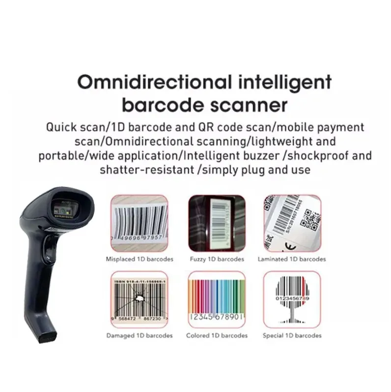 Laser Barcode Scanner , Handheld USB Wired Barcode Reader Optical Laser High Speed 200 scans per second for POS System Supermarket Optical Laser Handheld Barcode Scanner