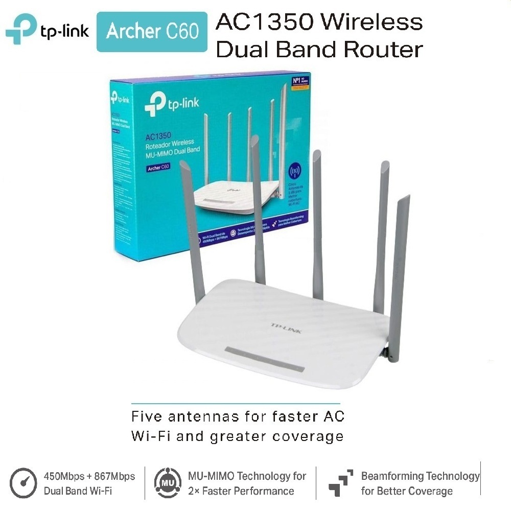 TP-Link Archer C60 AC1350 5 Antenna Dual Band Wireless, Wi-Fi Speed Up to 867 Mbps/5 GHz + 450 Mbps/2.4 GHz, Supports Parental Control, Guest WiFi, MU-MIMO Router, Qualcomm Chipset- White 5 Antenna Dual Band MU-MIMO Router
