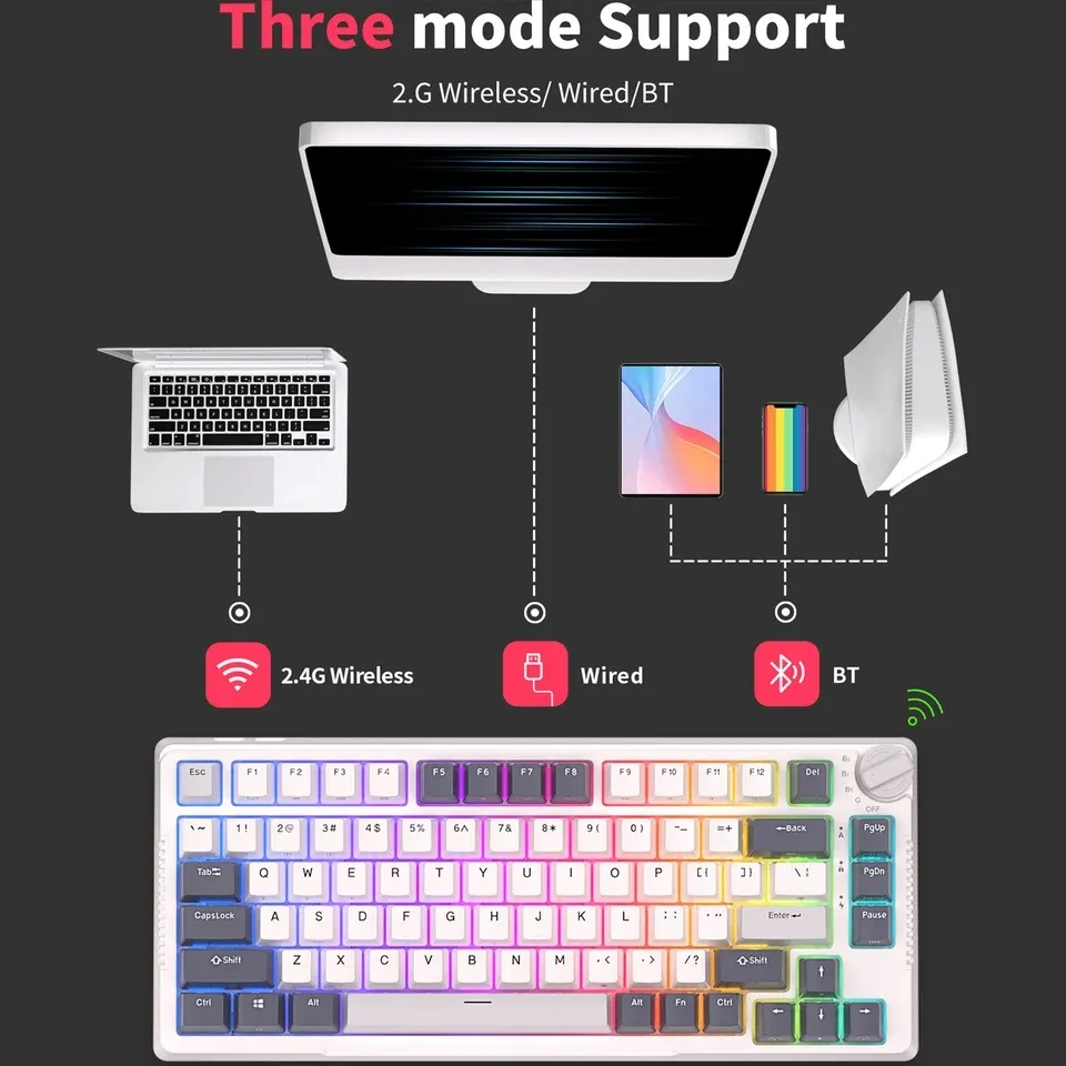 RK ROYAL KLUDGE H81 RGB Wireless Gaming Mechanical Keyboard BLUE Switch, Triple Mode Connectivity 2.4Ghz/BT5.1/USB-C ;  Control Knob , Gasket Mounted ; 75% Layout Hot Swappable 81 Keys - WHITE NIGHT RGB Wireless Mechanical Keyboard BLUE Switch
