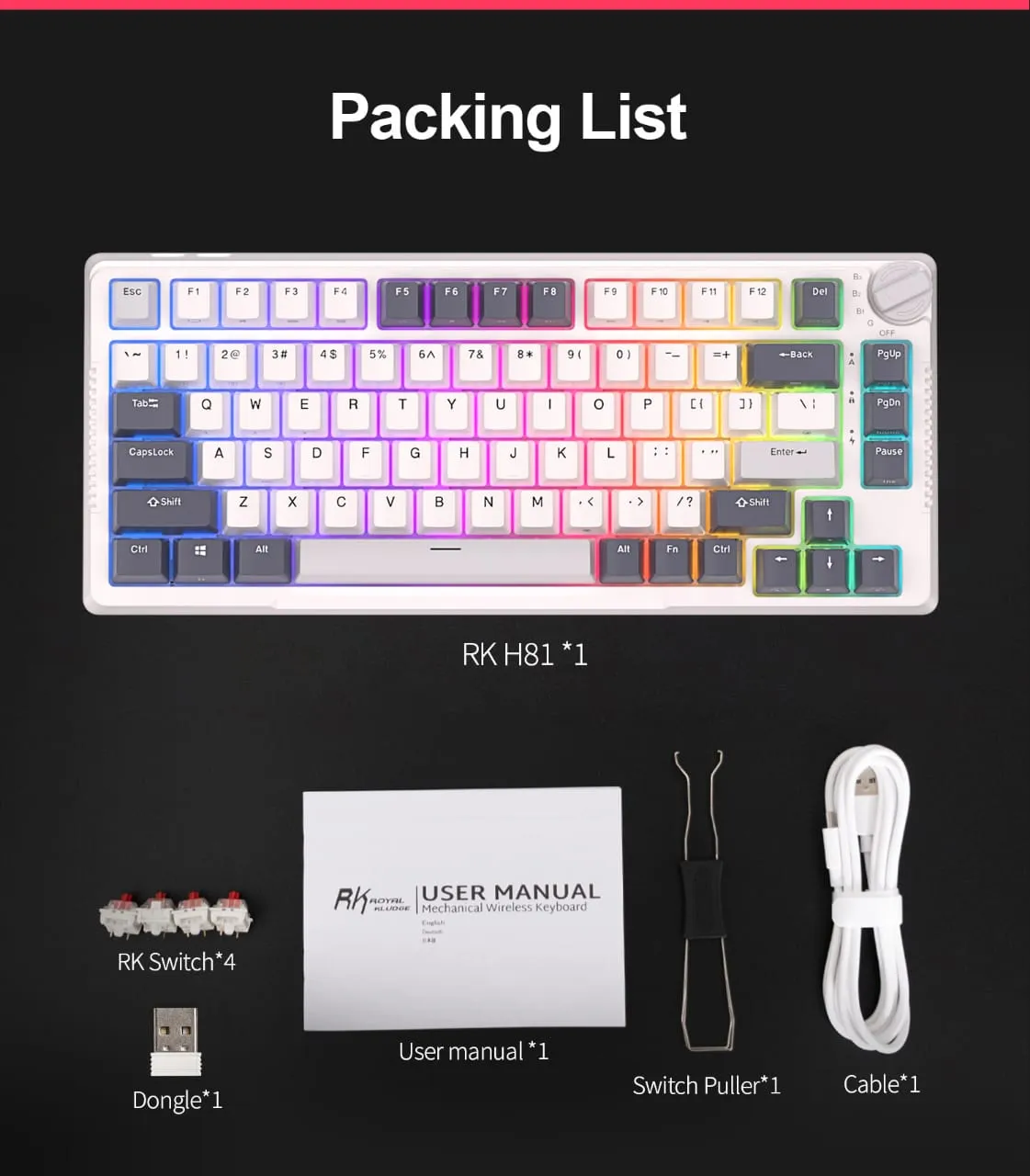 RK ROYAL KLUDGE H81 RGB Wireless Gaming Mechanical Keyboard BLUE Switch, Triple Mode Connectivity 2.4Ghz/BT5.1/USB-C ;  Control Knob , Gasket Mounted ; 75% Layout Hot Swappable 81 Keys - WHITE NIGHT RGB Wireless Mechanical Keyboard BLUE Switch