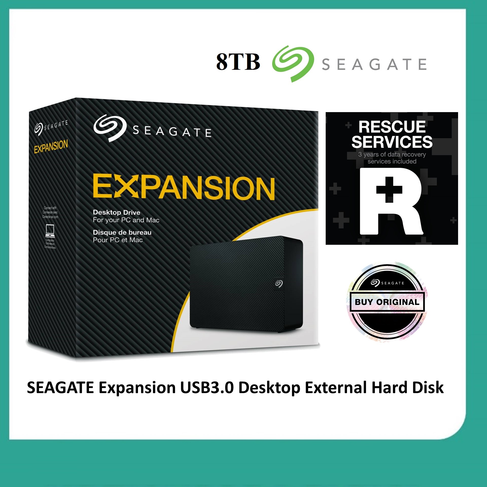 Seagate 8TB External Hard Drive HDD Seagate Expansion 8TB External Hard Drive HDD - USB 3.0, with Rescue Data Recovery Services - Windows and Mac Compatibility - Drag-and-drop File Saving (STKP8000400)