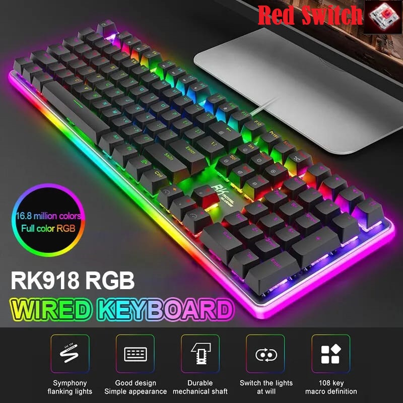 RK ROYAL KLUDGE RK918 Wired Mechanical Keyboard Red Switch, RGB Backlit with Large LED Surrounding Side Illumination , Full Size 108 Keys , 100% Anti-Ghosting , Fully Programable - BLACK Mechanical Keyboard Red Switch RGB Programable