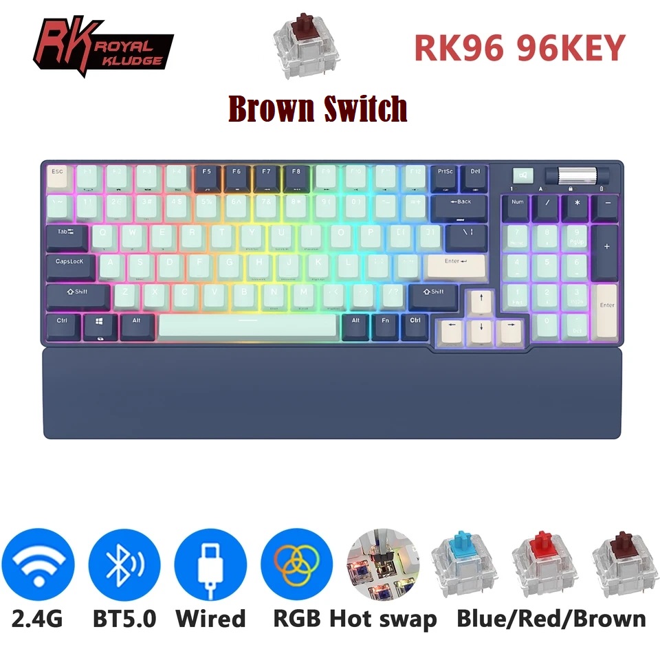 asegtqwettawetqWET RK ROYAL KLUDGE RK96 Mechanical Keyboard , Programable 96 Keys Hot Swappable Brown Switches – Triple Mode Connectivity BT5.0/2.4G/USB-C , RGB Backlight With Detachable Magnetic Wrist Rest , English/Arabic – Forest Blue 96 Keys Mechanical Keyboard Brown Switches