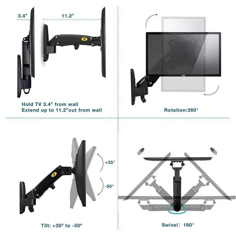 Wall Mount Bracket Arm for LED LCD TV Screen Monitor  - Full Motion Articulating Swivel for 17" ~ 27" Inch Monitors with Adjustable Gas Spring  Wall Mount Bracket Arm Monitor Screen