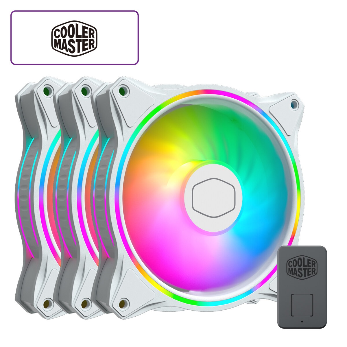 download (4) Cooler Master Fan MF120 Halo² White 3in1 PC Case Air Cooler Fan, Dual Loop Gen 2 ARGB LED Rings, Dynamic PWM 120mm , Air Balance Blades, Hybrid Frame - 3in1 Air Cooler Fan ARGB 120mm