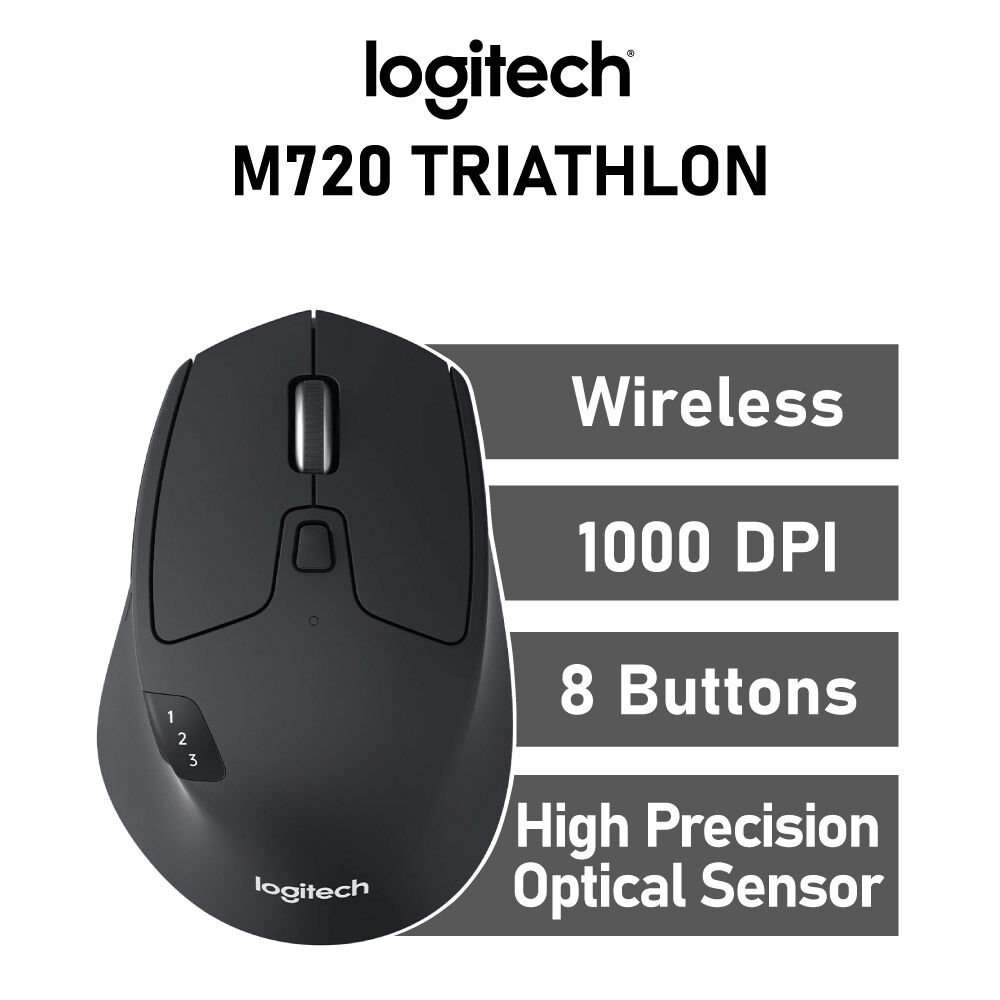 Logitech M720 Triathlon Multi-Device Wireless Mouse, Bluetooth, USB Unifying Receiver, 1000 DPI, 8 Buttons, Compatible with Laptop, PC, Mac, iPadOS - Black Wireless Mouse Bluetooth USB Unifying Receiver