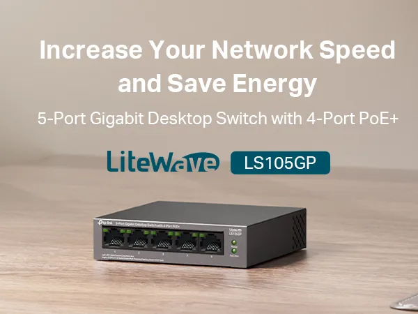 TP-Link 5-Port Gigabit Desktop Switch with 4-Port PoE+, up to 10 Gbps switching capacity, 65 W PoE Budget up to 250 m Transmission, desktop or wall-mounting design, Plug and play, metal case(LS105GP) 5-Port Gigabit Desktop Switch 4-Port PoE