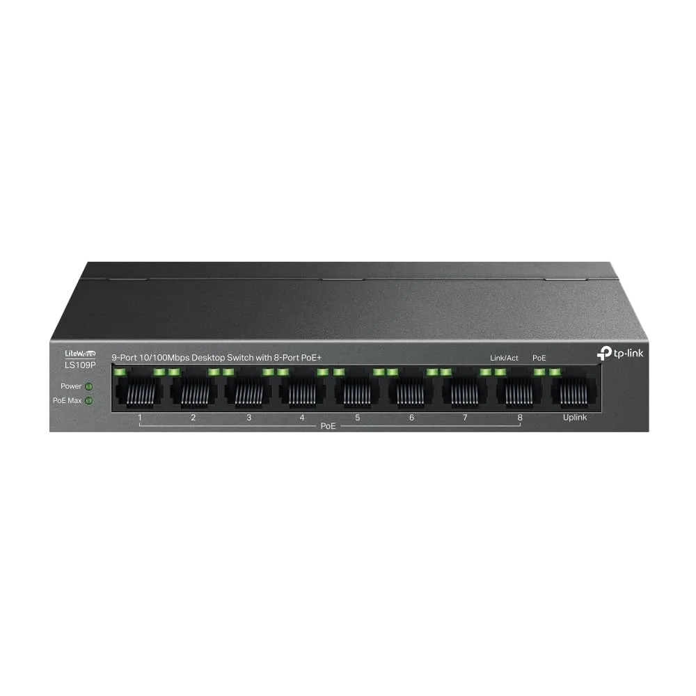TP-Link 9-Port 10/100Mbps Desktop Switch with 8-Port PoE+, Plug and Play, Auto Recovery, Silent Operation , Long Range 250m , Traffic Separation (LS109P) TP-Link 9-Port Switch with 8-Port PoE+