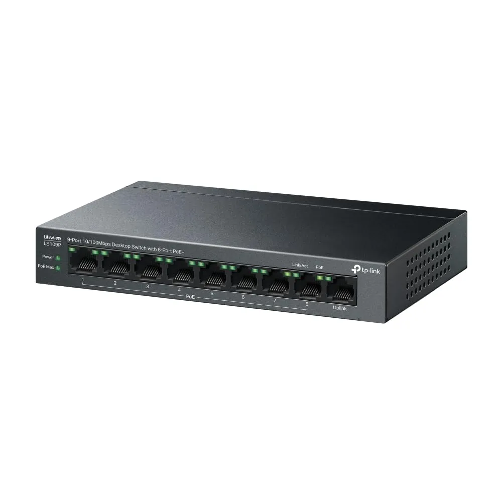 TP-Link 9-Port 10/100Mbps Desktop Switch with 8-Port PoE+, Plug and Play, Auto Recovery, Silent Operation , Long Range 250m , Traffic Separation (LS109P) TP-Link 9-Port Switch with 8-Port PoE+