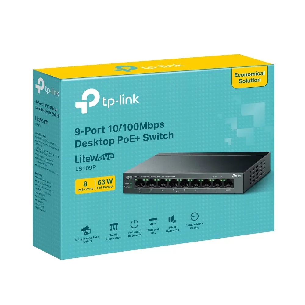 TP-Link 9-Port 10/100Mbps Desktop Switch with 8-Port PoE+, Plug and Play, Auto Recovery, Silent Operation , Long Range 250m , Traffic Separation (LS109P) TP-Link 9-Port Switch with 8-Port PoE+