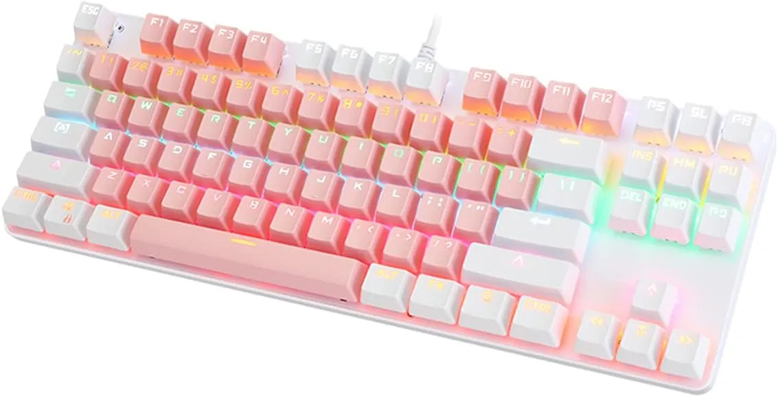 XUNFOX K80 Mechanical Gaming Keyboard, Blue Switch Mechanical Keyboard Wired with 87 RGB Backlit Keys for Gaming PINK & WHITE  Blue Switch Mechanical Gaming Keyboard O