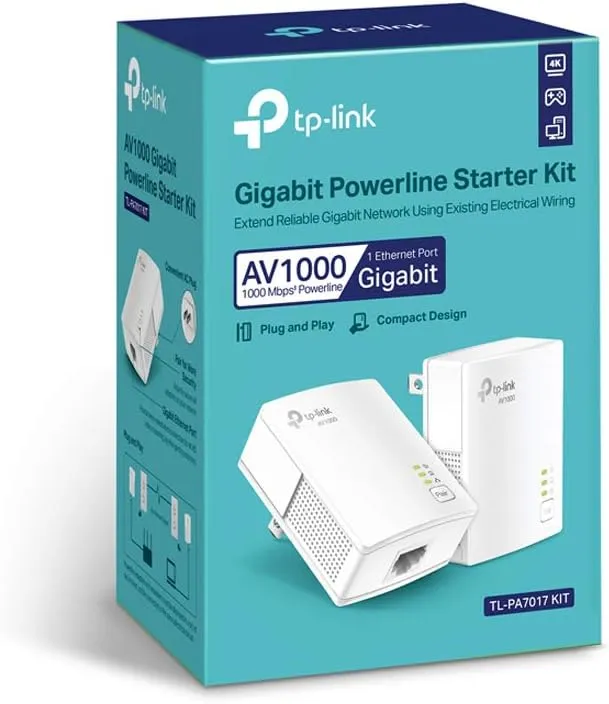 TP-Link Powerline Ethernet Adapter Starter Kit - AV1000 Gigabit Port, Plug&Play, Ethernet Over Power, Nano Size, Ideal for Smart TV, Online Gaming, Wired Connection Only (TL-PA7017 KIT) TP-Link Powerline Ethernet Adapter Starter Kit