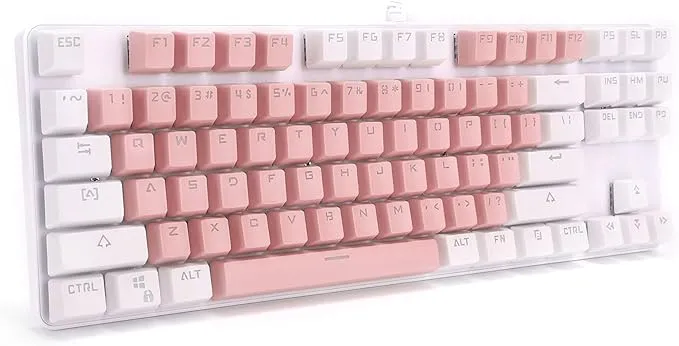 XUNFOX K80 Mechanical Gaming Keyboard, Blue Switch Mechanical Keyboard Wired with 87 RGB Backlit Keys for Gaming PINK & WHITE  Blue Switch Mechanical Gaming Keyboard O