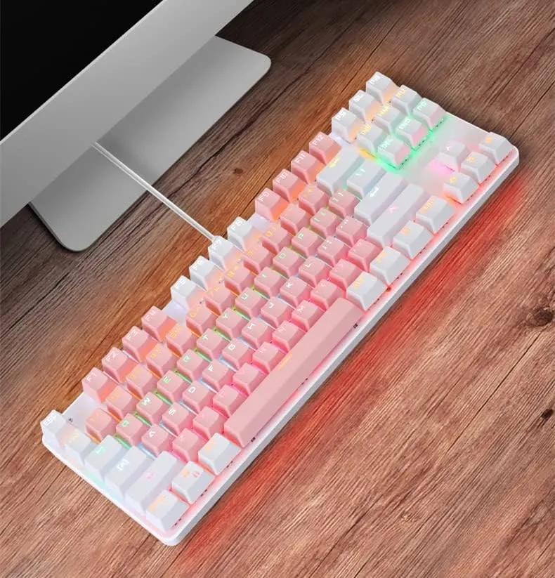 XUNFOX K80 Mechanical Gaming Keyboard, Blue Switch Mechanical Keyboard Wired with 87 RGB Backlit Keys for Gaming PINK & WHITE  Blue Switch Mechanical Gaming Keyboard O
