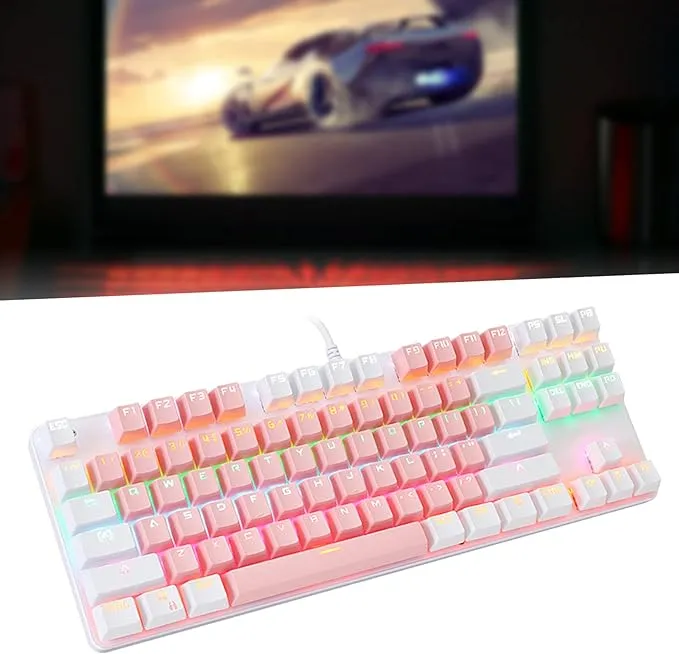 XUNFOX K80 Mechanical Gaming Keyboard, Blue Switch Mechanical Keyboard Wired with 87 RGB Backlit Keys for Gaming PINK & WHITE  Blue Switch Mechanical Gaming Keyboard O