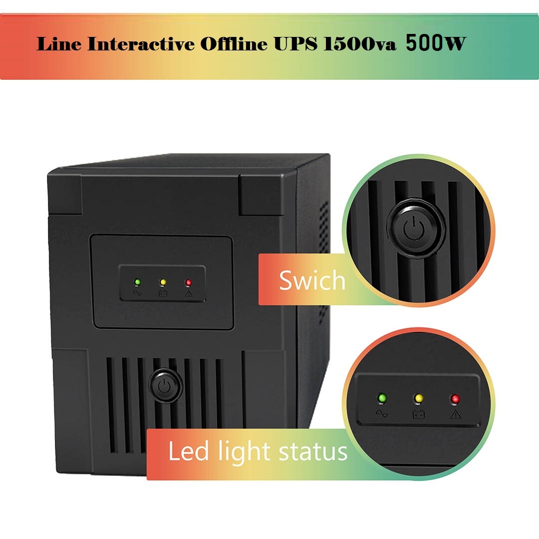 ST1500 Offline UPS 1500va 500W Line Interactive Uninterruptible Power Supply offline UPS 12v 7Ah*2 - 1500va 500W - LED light - EU socket, EU plug - 230VAC, 60/50HZ - Short circuit ,Overload, Battery discharge and overcharge, Surge protection - for Home Office, Desktop PC & Home Electronics ST1500 Offline UPS 1500va 500W Line Interactive Uninterruptible Power Supply offline UPS 12v 7Ah*2 - 1500va 500W - LED light - EU socket, EU plug - 230VAC, 60/50HZ - Short circuit ,Overload, Battery discharge and overcharge, Surge protection - for Home Office, Desktop PC & Home Electronics