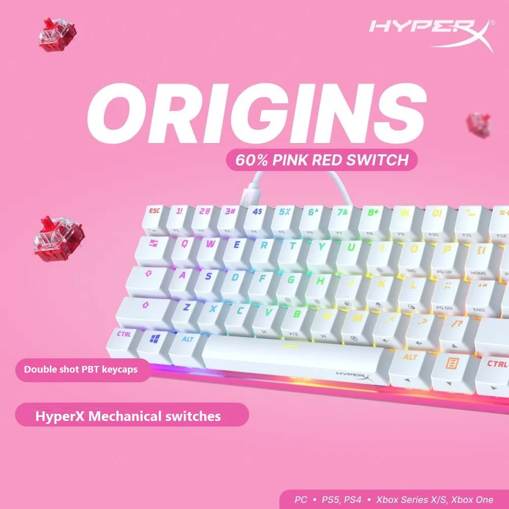 HyperX Alloy Origins 60 - Mechanical Gaming Keyboard - Ultra Compact 60% Form Factor - Linear Red Switch - Double Shot PBT Keycaps - RGB LED Backlit - NGENUITY Software Compatible - Pink  HyperX 60 Mechanical Gaming Keyboard - PINK EDITION HyperX Alloy Origins 60 - Mechanical Gaming Keyboard - Ultra Compact 60% Form Factor - Linear Red Switch - Double Shot PBT Keycaps - RGB LED Backlit - NGENUITY Software Compatible - Pink HyperX 60 Mechanical Gaming Keyboard - PINK EDITION