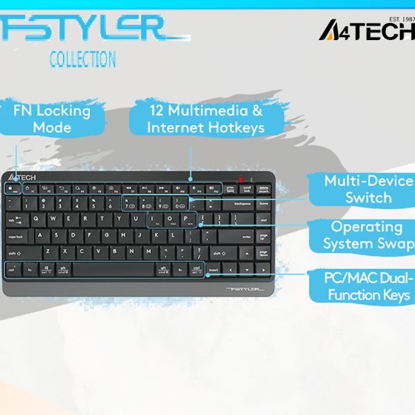 A4Tech FBK11 Wireless Keyboard - Bluetooth & 2.4G Wireless - Pair up to 4 Devices - Multimedia Hot Keys Access - Spill Proof - Portable - Dark Grey A4Tech FBK11 Wireless Keyboard