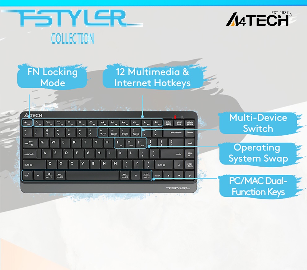 A4Tech FBK11 Wireless Keyboard - Bluetooth & 2.4G Wireless - Pair up to 4 Devices - Multimedia Hot Keys Access - Spill Proof - Portable - Dark Grey A4Tech FBK11 Wireless Keyboard