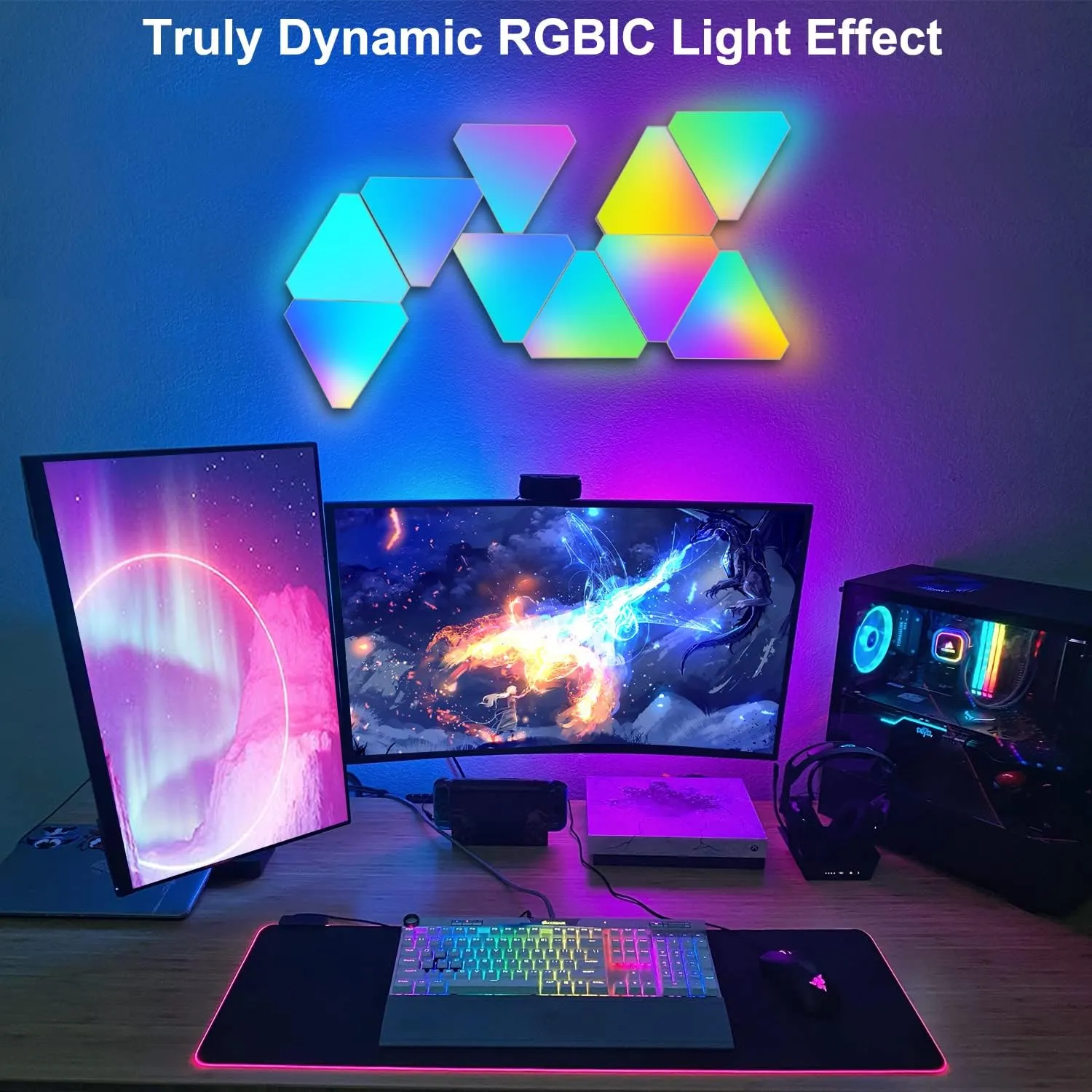 Triangle LED Light Panels with 6 Connection Ports, Smart RGBIC Wall Lights - WIFI Connection - Compatible with Google Assistant &  Alexa -  App Control  or Remote Control - Music Sync -  for Gaming Room Streaming , Gaming Setup, Home Decor , 6 Pack Gaming Setup Smart RGBIC Triangle LED Light Panels