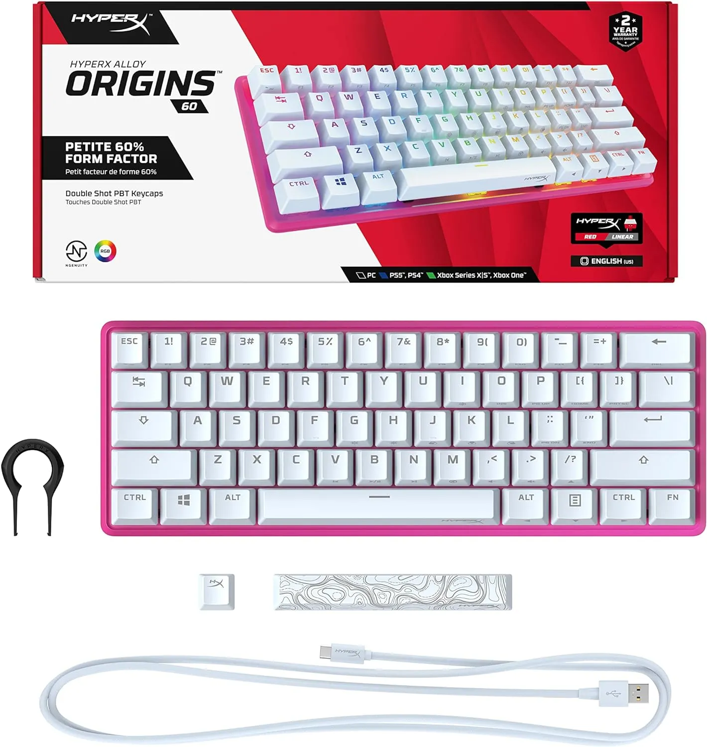 HyperX Alloy Origins 60 - Mechanical Gaming Keyboard - Ultra Compact 60% Form Factor - Linear Red Switch - Double Shot PBT Keycaps - RGB LED Backlit - NGENUITY Software Compatible - Pink  HyperX 60 Mechanical Gaming Keyboard - PINK EDITION HyperX Alloy Origins 60 - Mechanical Gaming Keyboard - Ultra Compact 60% Form Factor - Linear Red Switch - Double Shot PBT Keycaps - RGB LED Backlit - NGENUITY Software Compatible - Pink HyperX 60 Mechanical Gaming Keyboard - PINK EDITION