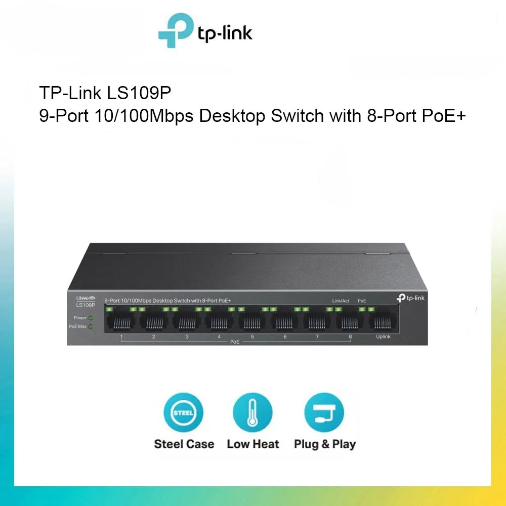 TP-Link 9-Port 10/100Mbps Desktop Switch with 8-Port PoE+, Plug and Play, Auto Recovery, Silent Operation , Long Range 250m , Traffic Separation (LS109P) TP-Link 9-Port Switch with 8-Port PoE+