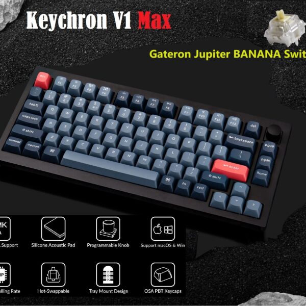 Keychron V1 Max Wireless Custom Mechanical Keyboard | Fully Assembled Knob |2.4 GHz wireless and Bluetooth 5.1 connectivity | compact 75% layout | gasket mount |double-shot PBT keycaps Gateron Jupiter BANANA Switches | Carbon Black Wireless Mechanical Keyboard RGB Banana Switches