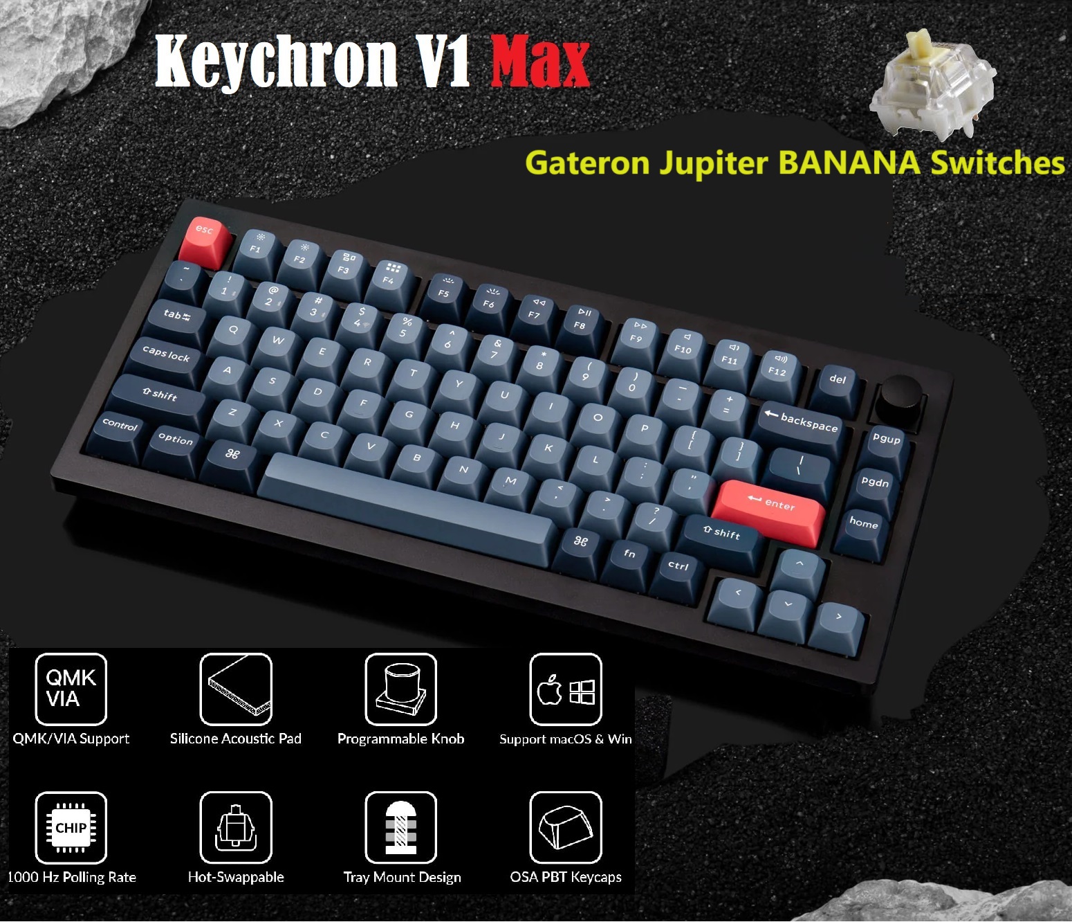 Keychron V1 Max Wireless Custom Mechanical Keyboard | Fully Assembled Knob |2.4 GHz wireless and Bluetooth 5.1 connectivity | compact 75% layout | gasket mount |double-shot PBT keycaps Gateron Jupiter BANANA Switches | Carbon Black Wireless Mechanical Keyboard RGB Banana Switches