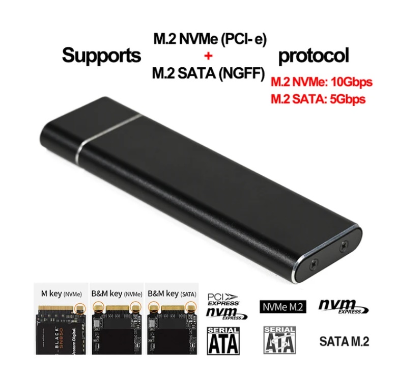 DFGHUJFCDTUDRTU Aluminum M.2 Dual Protocol NVME SATA SSD Enclosure Adapter, TYPE-C USB 3.2 Gen 2 (10 Gbps) to NVME PCI-E SATA M-Key/(B+M) Key Solid State Drive External Enclosure Support UASP Trim for NVME/SATA SSDs 2242/2260/2280 Dual Protocol M2 NVMe/SATA SSD Enclosure