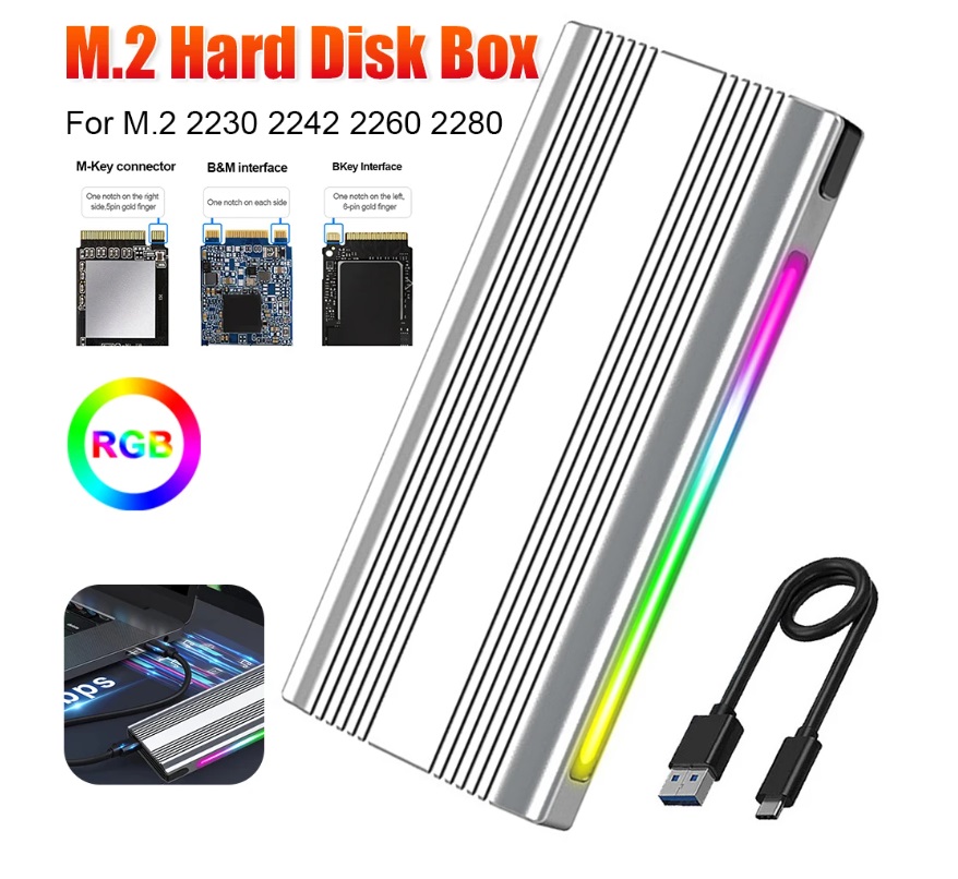 FGDFTGUTU RGB M.2 NVMe + M.2 SATA SSD Enclosure, USB-C 3.1 Gen 2 10Gbps, Aluminum SSD Case, UASP & Trim Support, for 2230 2242 2260 2280 Sizes B-Key M-Key , Plug & Play for Laptop/PS4/Smartphone RGB M.2 NVMe SATA SSD Enclosure - No SSD Included - Aluminum Enclosure With JSM581D Chipset
