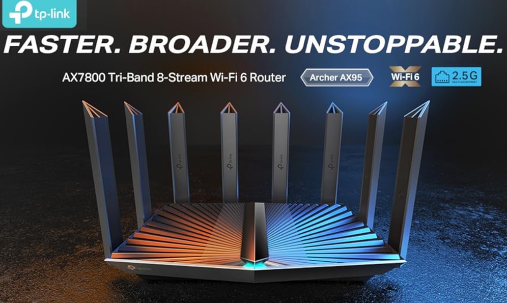 FGHUJRDFTURTU7I TP-Link AX7800 Tri-Band Gigabit Wi-Fi 6 Router, Wi-Fi Speed up to 7800 Mbps, 1×2.5 Gbps+4×1 Gbps Ports, 1.7 GHz Quad-Core CPU, USB 3.0+2.0, Ideal for Gaming Xbox/PS4/Steam&4K/8K, OneMesh™(Archer AX95) AX7800 Tri-Band Gigabit Wi-Fi 6 Router