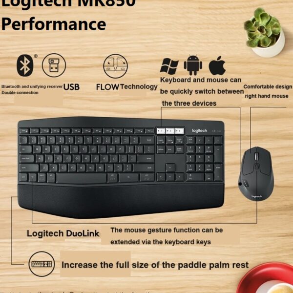 Logitech MK850 Performance Wireless Keyboard and Mouse Combo, Bluetooth Smart, 2.4GHz Wireless Connection, 1000 Dpi Sensor, 8 Buttons,  Black | 920-008486 Logitech Wireless Keyboard and Mouse Combo