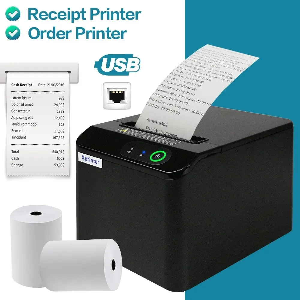 Thermal Receipt Bill Printer 80mm POS Printer, USB Receipt Printers with Auto Cutter Support Cash Drawer, USB + Ethernet Interface for Windows & Mac POS Thermal Printer 80mm Receipt Bill