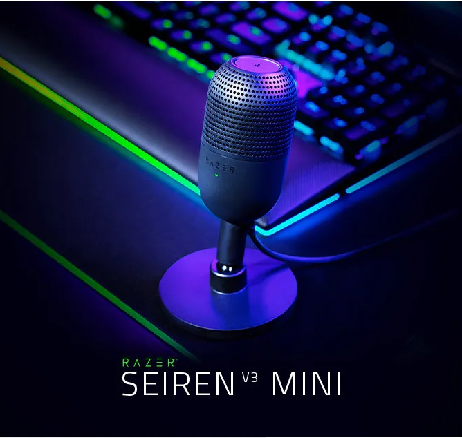 RZ19-05050100-R3M1 Seiren V3 Mini USB Microphone Condenser Mic Razer Seiren V3 Mini USB Microphone: Condenser Mic - Supercardioid Pickup Pattern - Tap-to-Mute Sensor with LED Indicator - Shock Absorber - Ultra Compact - PC, Discord, OBS Studio, XSplit - Black