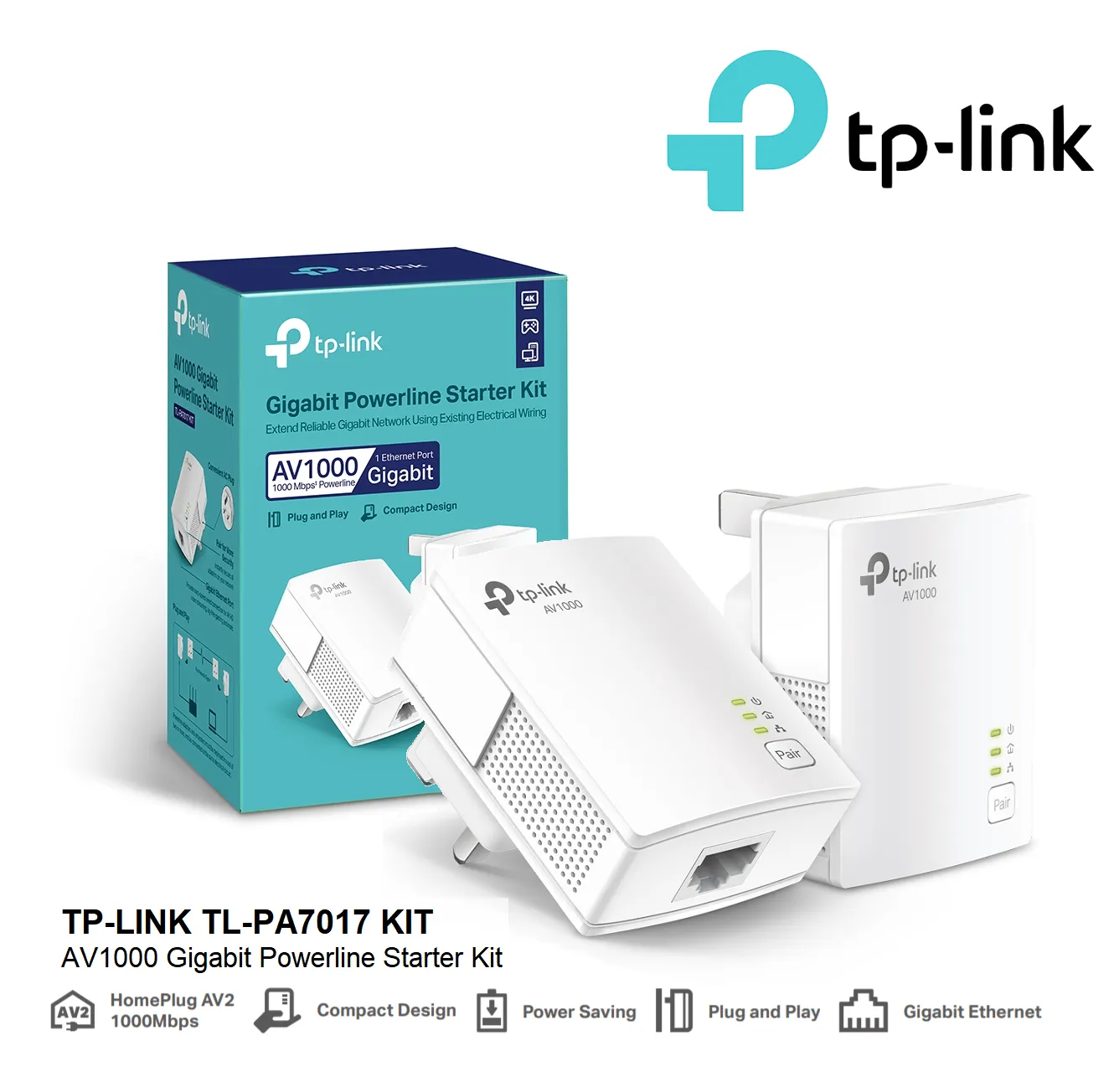 TP-Link Powerline Ethernet Adapter Starter Kit - AV1000 Gigabit Port, Plug&Play, Ethernet Over Power, Nano Size, Ideal for Smart TV, Online Gaming, Wired Connection Only (TL-PA7017 KIT) TP-Link Powerline Ethernet Adapter Starter Kit
