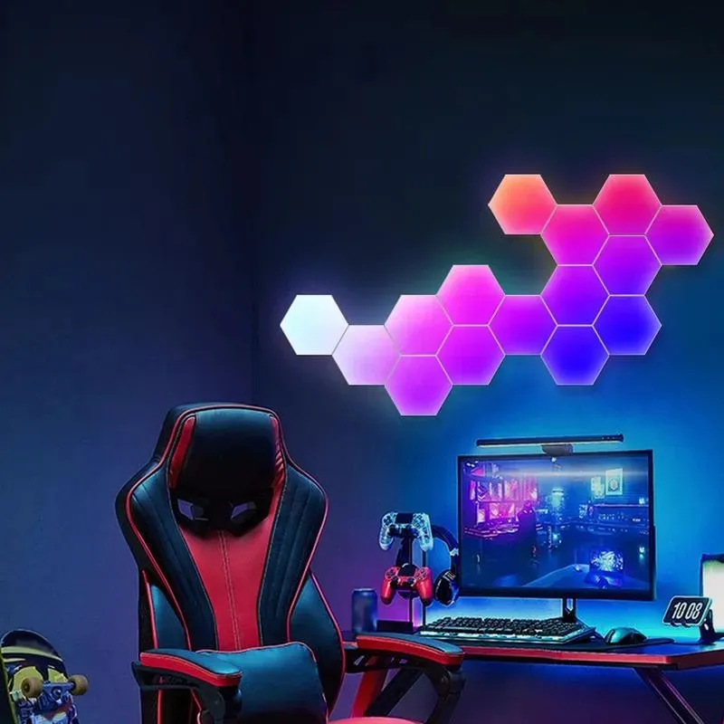 Hexagon LED Light Panels With 6 Connection Ports, Smart RGBIC Wall Lights – WIFI Connection  –  App Control  Or Remote Control – Music Sync –  For Gaming Room Streaming , Gaming Setup, Home Décor , 6 Pack Hexagon Smart RGBIC LED Light Panels - Gaming Setup