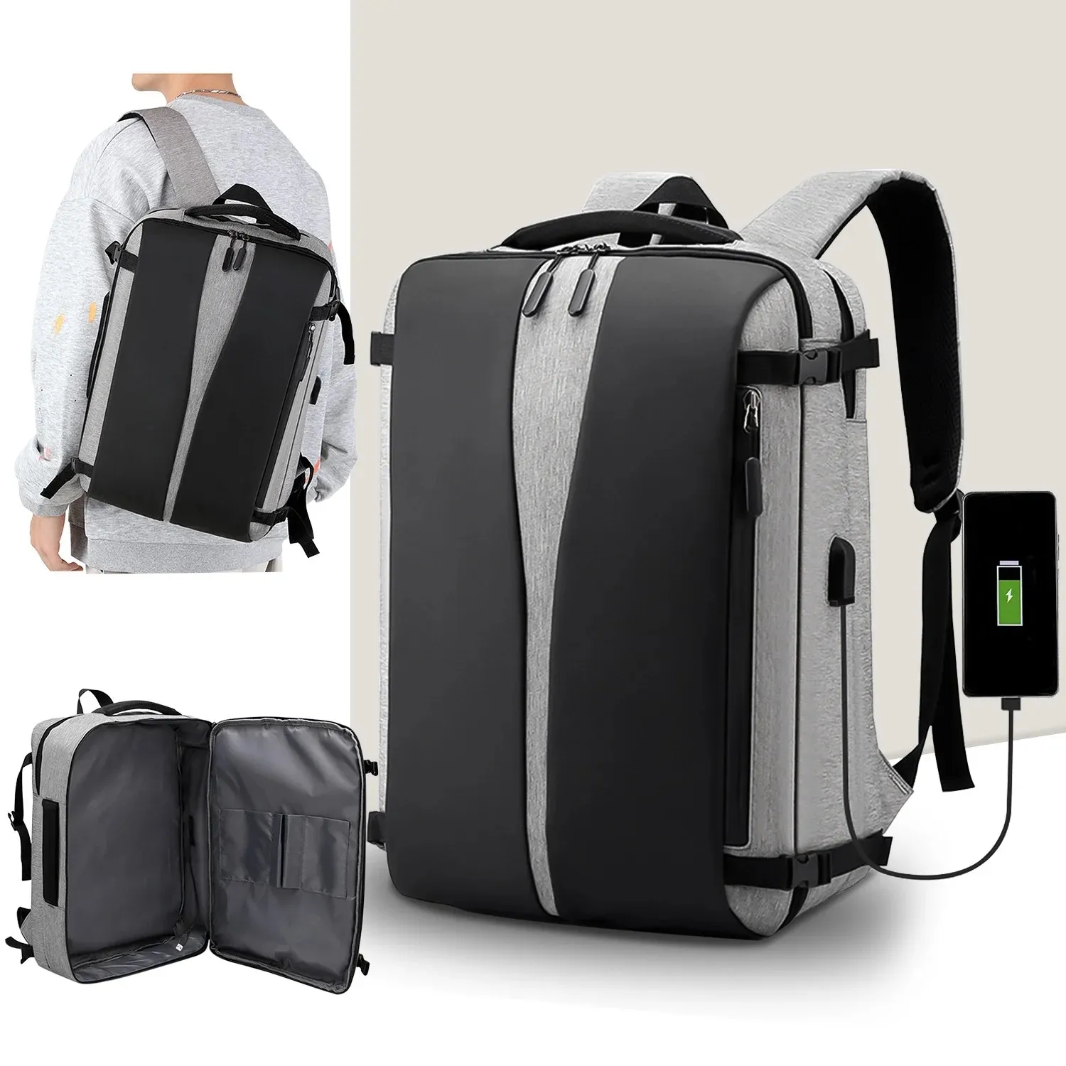 Laptop Backpack – Accommodates Up To 15.6″ Laptops & Tablets – Waterproof – Heavily Padded For Sensitive Electronics Protection –  USB Charging Port – Inner Pockets – 34 x 17 x 47 cm – Luggage Strap -Multifunctional For University  , Travel , Business - Black & Grey Laptop Backpack 15.6″ Laptops & Tablets