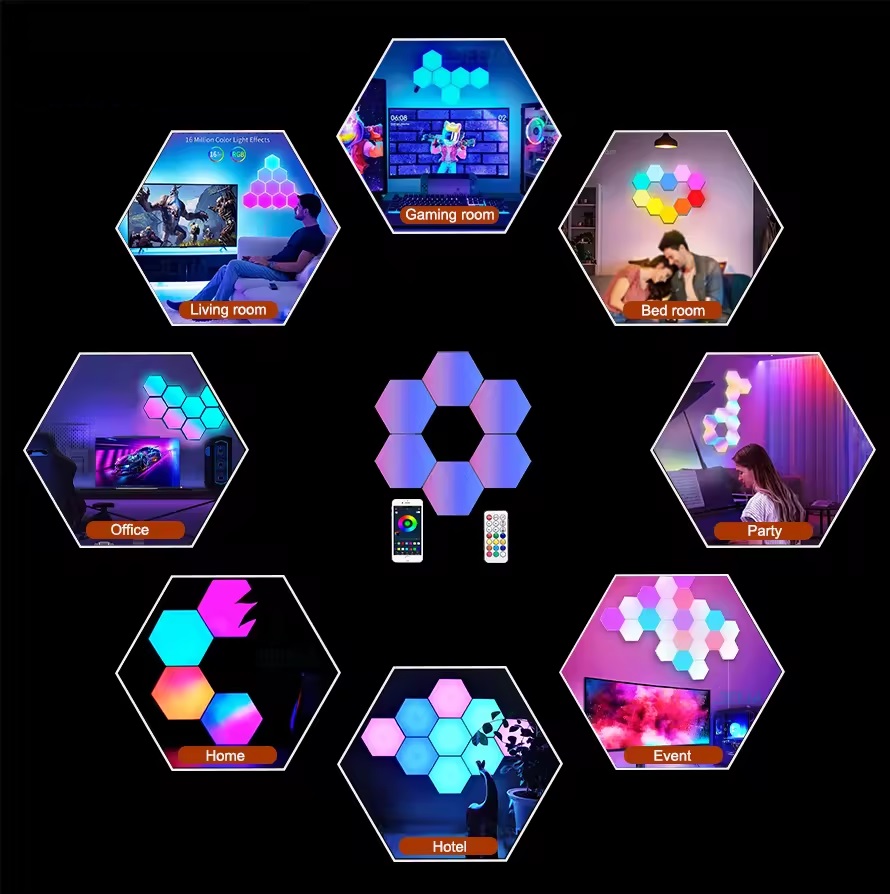 Hexagon LED Lights - DIY RGB Hexagon Wall Decoration Light Panels - USB 5V 2A - APP Remote Control & Manual Remote Control - Music Sync - Gaming Room & Gaming Case  Decoration - 6 Pieces  Hexagon RGB LED Light Panels - Gaming Room Decoration