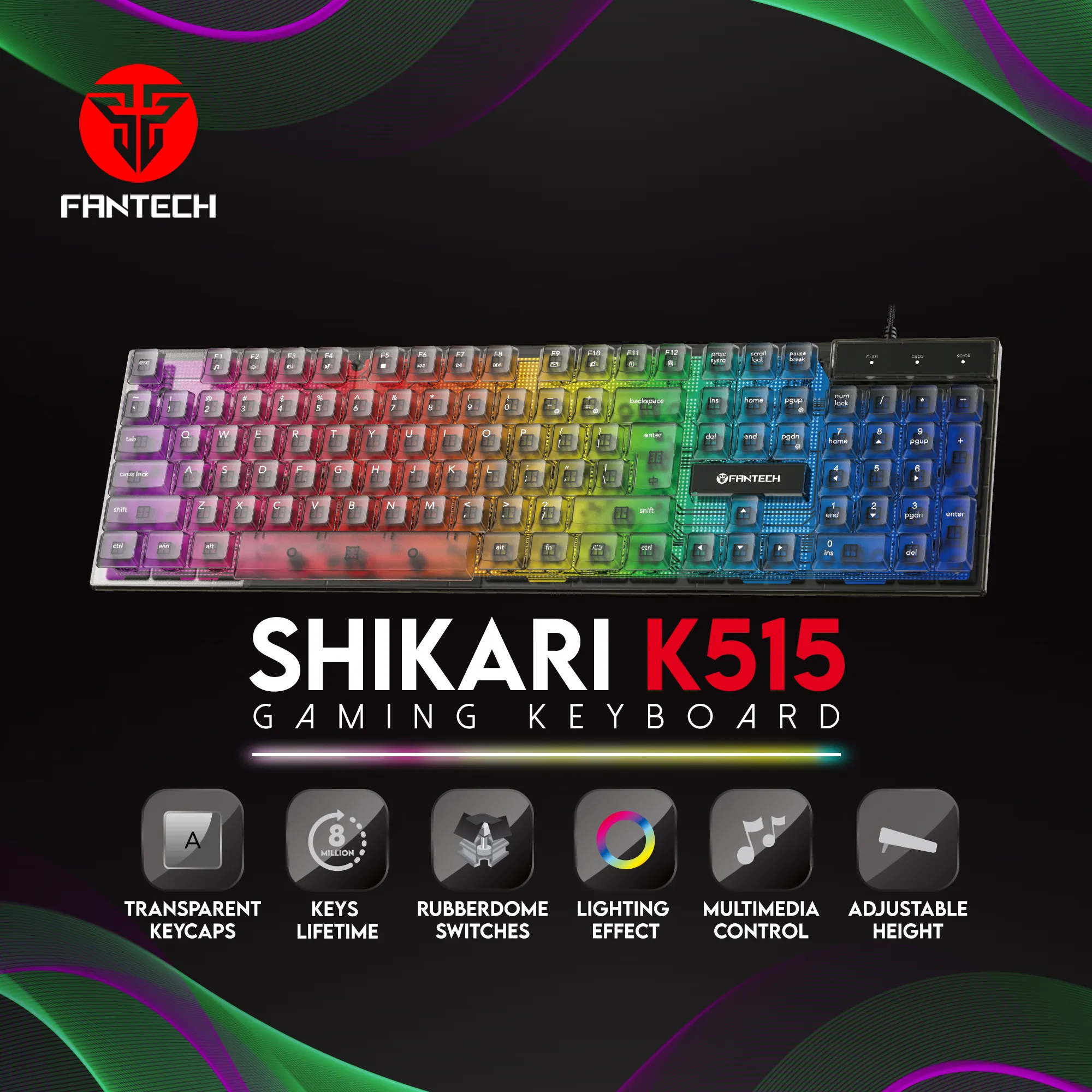 Fantech Shikari K515 RGB Wired Gaming Keyboard with 6 Keys Advance Anti-Ghosting | Transparent cover & Keycaps | 104 Keys Membrane Switch  Shikari K515 RGB Wired Gaming Keyboard