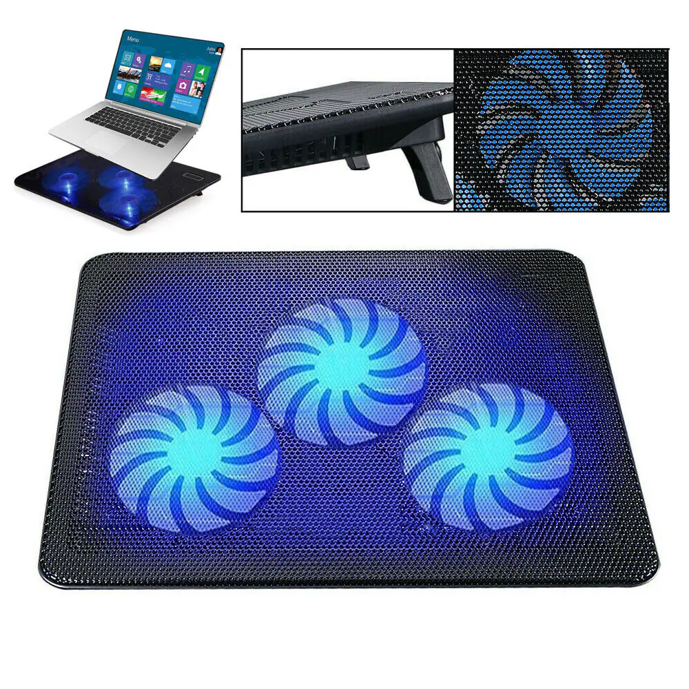 Laptop Cooler Cooling Pad - 2 USB Ports - 3 Fans - Size L380 x W280 x H28 mm - Metal Mesh Surface - Adjustable Hight - Metal Mesh Surface + ABS body - BLACK
