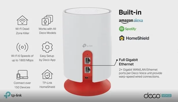 TP-Link Deco Voice X20 AX1800 Whole Home Mesh Wi-Fi 6 System with Alexa Built-In, Dual-Band Wi-Fi, Gigabit Ports, Coverage up to 4000 ft2 ,1.5 GHz Quad-Core CPU, HomeShield Security, Pack of ONE Whole Home Mesh Wi-Fi 6 System
