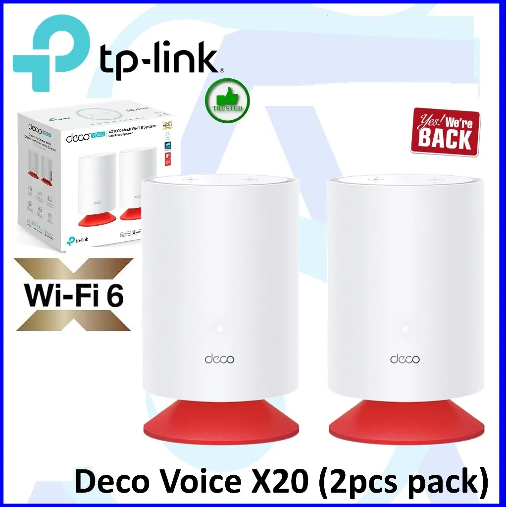 TP-Link Deco Voice X20 AX1800 Whole Home Mesh Wi-Fi 6 System with Alexa Built-In, Dual-Band Wi-Fi, Gigabit Ports, Coverage up to 4000 ft2 ,1.5 GHz Quad-Core CPU, HomeShield Security, Pack of  TWO Whole Home Mesh Wi-Fi 6 System