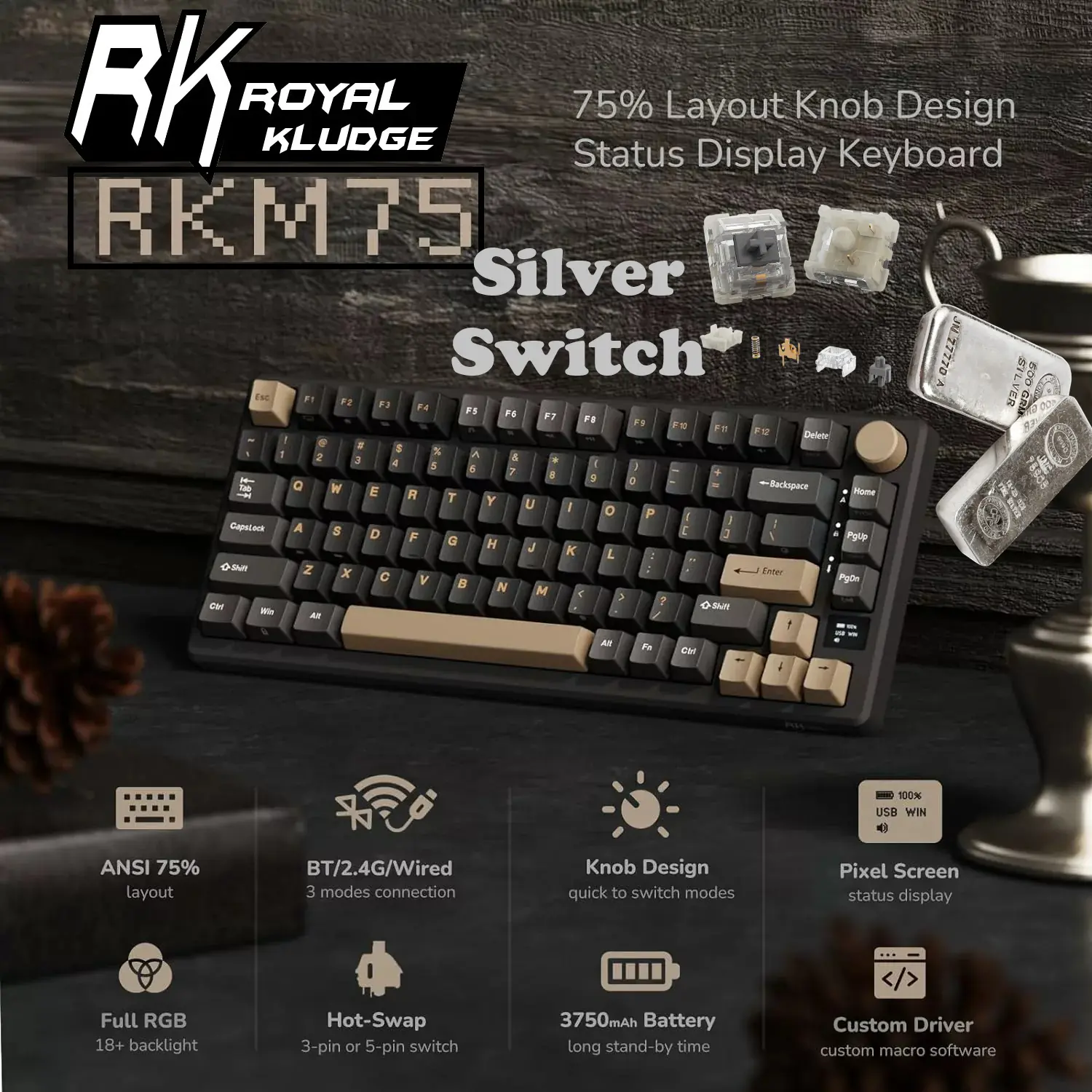 silver-switch-RK-M75-Charcoal-black-2-jpg RKM75-PHANTOM-SILVER ROYAL KLUDGE RKM75 81KEYS / SILVER SWITCH / PHANTOM RGB ( 3C ) W-W-B KEYBOARD RK ROYAL KLUDGE M75 Wireless Mechanical Keyboard 2.4Ghz/BT5.1/USB-C Gaming Keyboard 75% Layout 81 Keys Gasket Mount with OLED Display & Knob RGB Backlight Hot-Swappable SILVER Switch, ENGLISH/ARABIC - PHANTOM