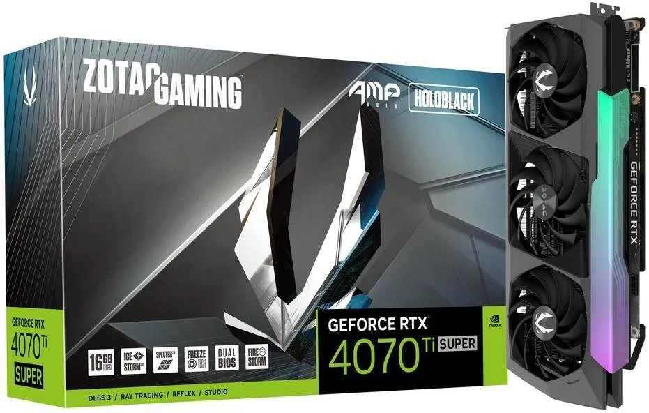RTX 4070 Ti SUPER AMP Holo DLSS 3 16GB GDDR6X ZOTAC GAMING GeForce RTX 4070 Ti SUPER AMP Holo DLSS 3 16GB GDDR6X 256-bit 21 Gbps PCIE 4.0 Gaming Graphics Card, IceStorm 2.0 Advanced Cooling, SPECTRA 2.0 ARGB Lighting, ZT-D40730F-10P