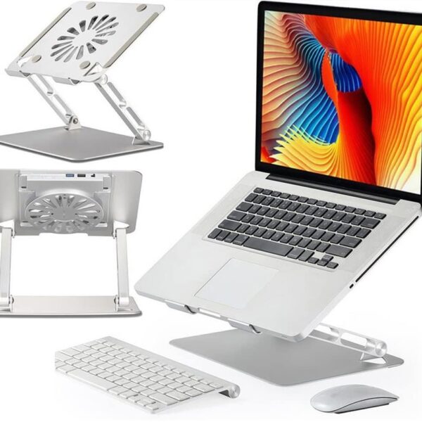 Aluminum Laptop with Cooling Fan Aluminum Laptop or Tablet Stand with Cooling Fan & 2 USB Ports | Flat Foldable & Portable | Hight Adjustable | Angle Tilt | Silver