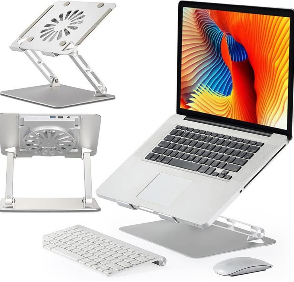 Aluminum Laptop with Cooling Fan Aluminum Laptop or Tablet Stand with Cooling Fan & 2 USB Ports | Flat Foldable & Portable | Hight Adjustable | Angle Tilt | Silver