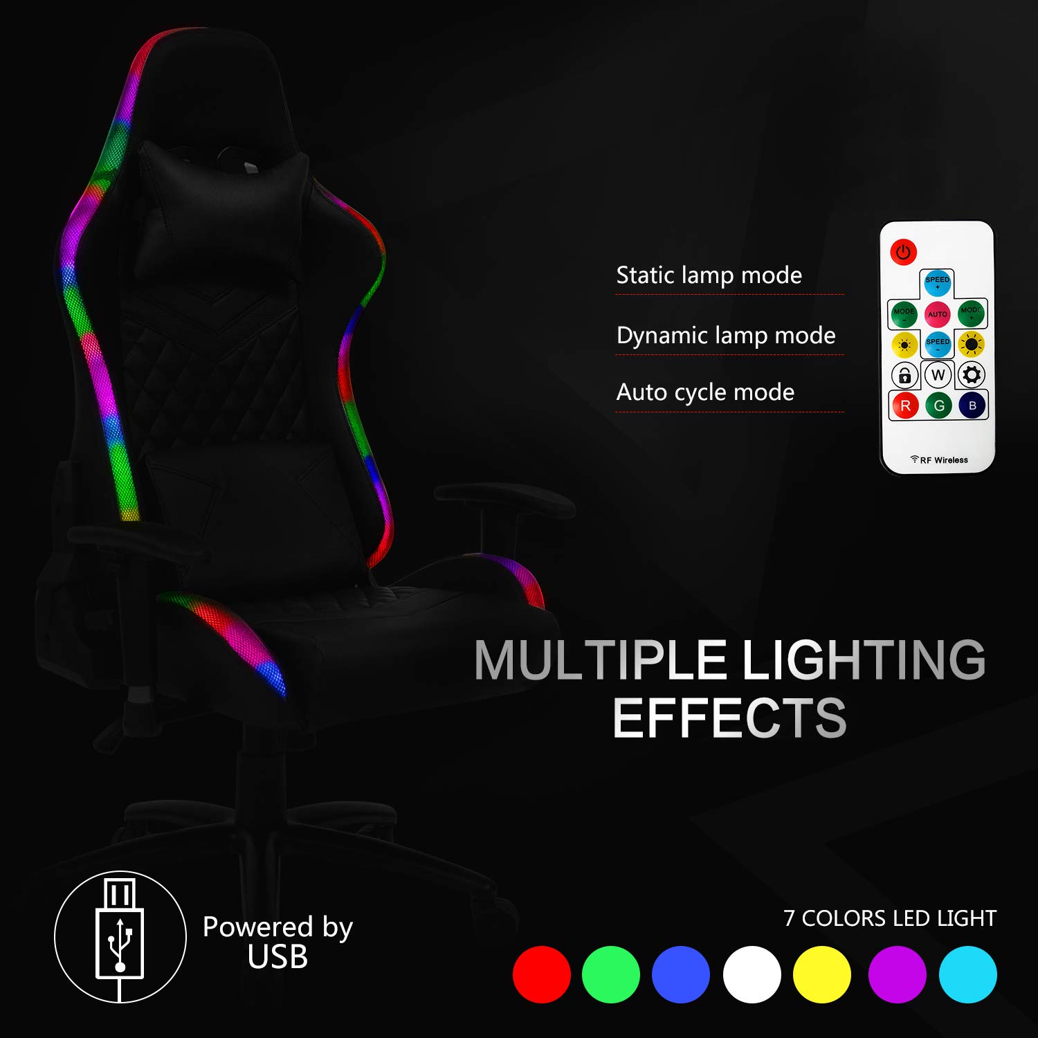 GEATIX-UT-B918 GEATIX UT-B918 Ergonomic RGB Gaming Chair GEATIX UT-B918 High-Back Ergonomic Gaming Chair with RGB LED Lights, Headrest, Lumbar Support, Height Adjustable Swivel Recliner Chair - BLACK 