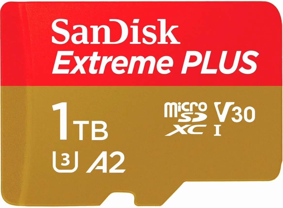 1TB microSDXC UHS-I Memory Card SanDisk Extreme PLUS 1TB microSDXC UHS-I Memory Card  | 200MB/sec. read speed,  140MB/sec. write speed | UHS-I Class 10 U3 V30 | Gold Color Category | SDSQXBD-1T00-AN6MA