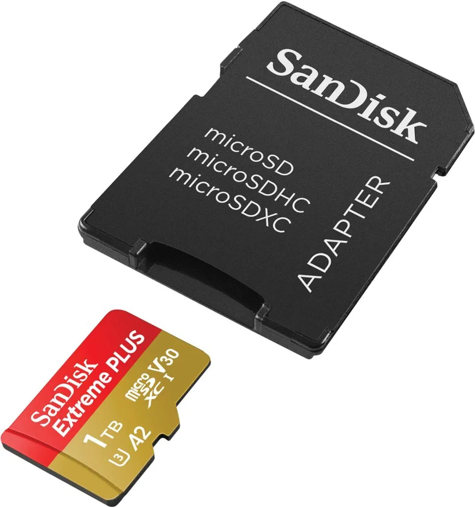 1TB microSDXC UHS-I Memory Card SanDisk Extreme PLUS 1TB microSDXC UHS-I Memory Card  | 200MB/sec. read speed,  140MB/sec. write speed | UHS-I Class 10 U3 V30 | Gold Color Category | SDSQXBD-1T00-AN6MA